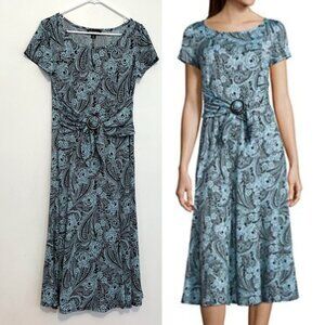 PERCEPTIONS New York Short Sleeve Fit & Flare Dress Blue Black Paisley Midi Boho